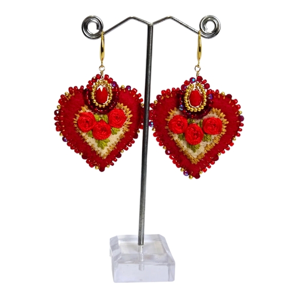 Hand Embroidered Heart Earrings - Picture 3 of 7